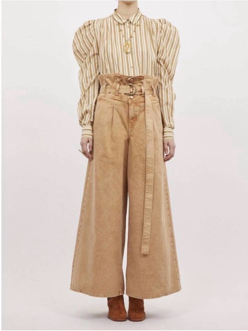 Ulla Johnson Dari Blouse Sand Stripe Puff Sleeve 100% Cotton Womens 12 NWT - Picture 1 of 15